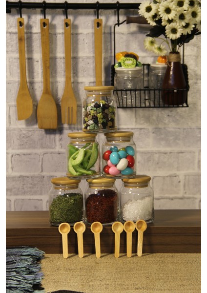 6' Lı 300 ml Bambu Kapaklı Bambu Kaşıklı Baharatlık Seti Cam Kavanoz Baharat Takımı modelleri