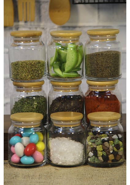 9'lu Bambu Kapaklı Kavanoz Baharatlık Seti Cam Kavanoz Takımı 300 ml