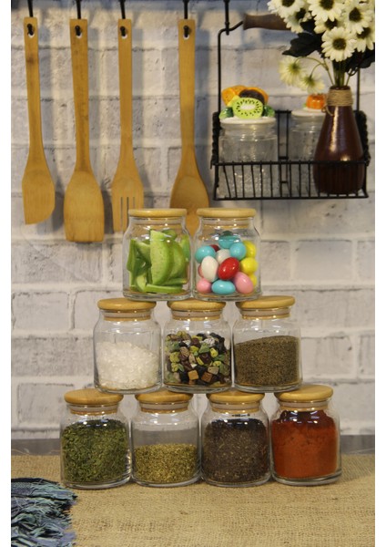 9'lu Bambu Kapaklı Kavanoz Baharatlık Seti Cam Kavanoz Takımı 300 ml fiyatları