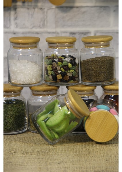 9'lu Bambu Kapaklı Kavanoz Baharatlık Seti Cam Kavanoz Takımı 300 ml modelleri