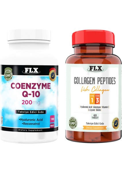 Coenzyme Koenzim Q-10 200 Mg Hyaluronik Asit Resveratrol 180 Tablet & Balık Kollajeni Tip 1-3 Collagen 60 Tablet