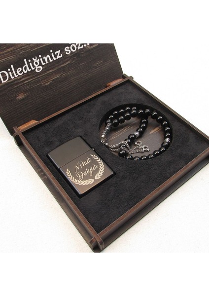 Kişiye Özel Siyah Zippo - Tesbih Seti