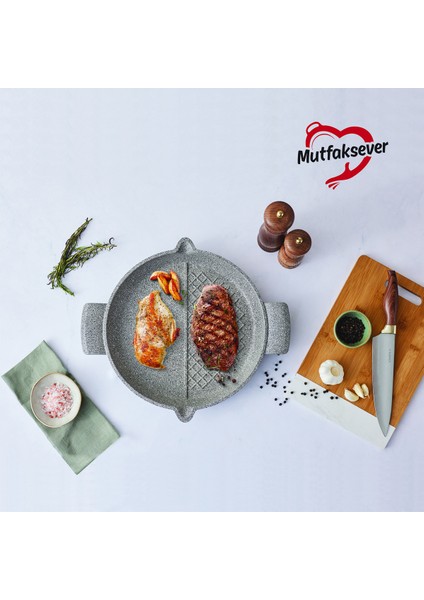 Mutfaksever 30 cm Granit Çift Taraflı Izgara Tava