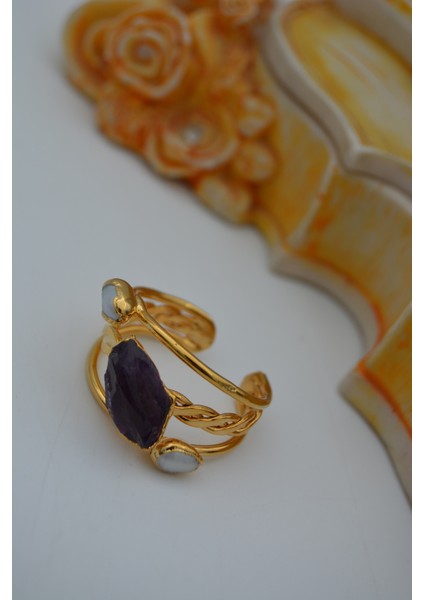 Jewellery Kırma Ametist ve Inci Tasarım Kadın Yüzük