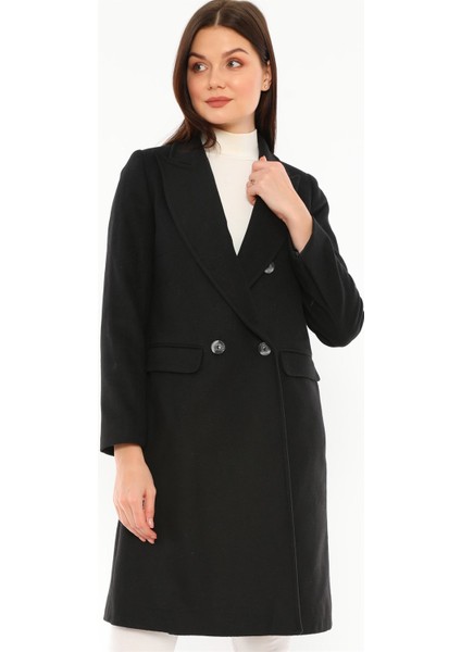 Kadın Midi Kaban Uzun Kollu Yün Karışımlı Siyah Renkli Tasarım