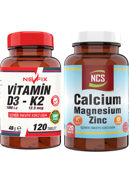 Calcium Magnesium Çinko D K Kalsiyum Vitamin & Nevfix Vitamin D3-K2 120 Tablet