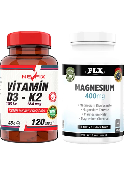 Magnesium Bisglisinat Malat Taurat Glukonat & Nevfix Vitamin D3-K2 120 Tablet