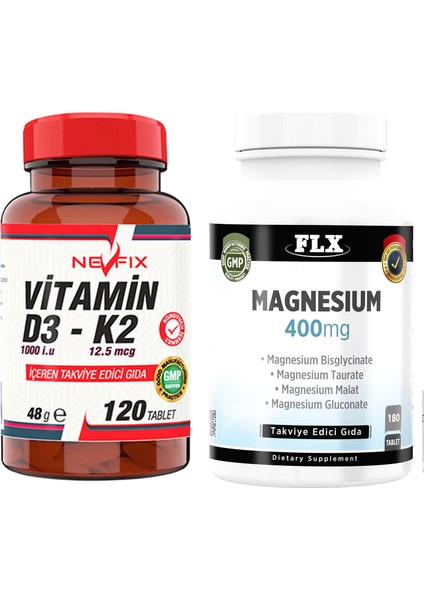 Magnesium Bisglisinat Malat Taurat Glukonat 180 Tablet & Nevfix Vitamin D3-K2 120 Tablet