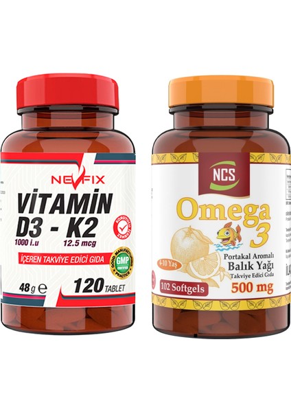 Omega 3 Portakal Aromalı Çocuklar Için Balık Yağı 102 Softgel & Nevfix Vitamin D3-K2 120 Tablet