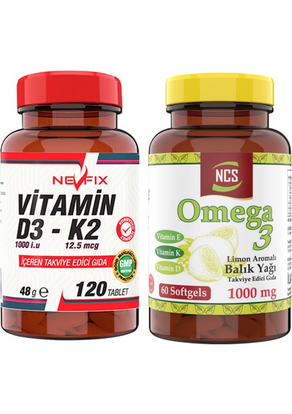 Omega 3 Balık Yağı 1000 Mg 60 Yumuşak Kapsül Doğal Limon Aromalı & Nevfix Vitamin D3-K2 120 Tablet