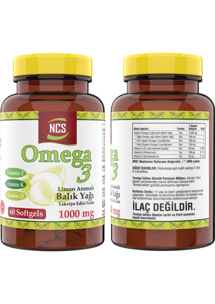 Omega 3 Balık Yağı 1000 Mg 60 Yumuşak Kapsül Doğal Limon Aromalı & Nevfix Vitamin D3-K2 120 Tablet