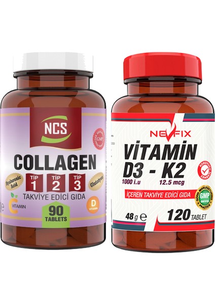 Collagen Type (Tip) 1-2-3 Hyaluronic Acid Vitamin C Glutatyon 90 Tablet & Nevfix Vitamin D3-K2 120 Tablet