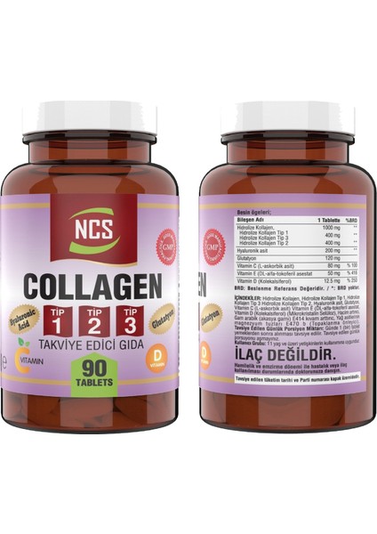 Collagen Type (Tip) 1-2-3 Hyaluronic Acid Vitamin C Glutatyon 90 Tablet & Nevfix Vitamin D3-K2 120 Tablet