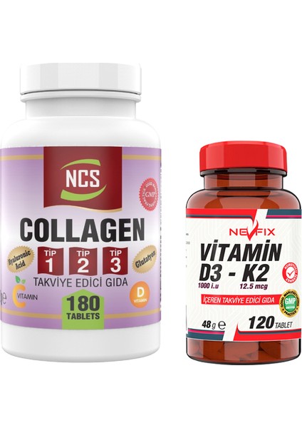 Collagen Type (Tip) 1-2-3 Hyaluronic Acid Vitamin C Glutatyon 180 Tablet & Nevfix Vitamin D3-K2 120 Tablet