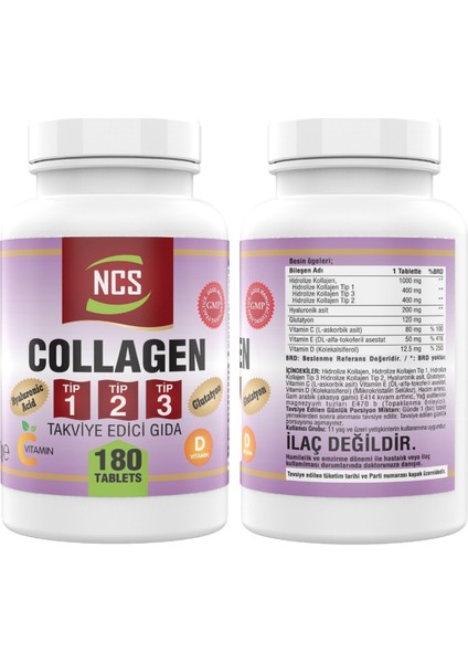 Collagen Type (Tip) 1-2-3 Hyaluronic Acid Vitamin C Glutatyon 180 Tablet & Nevfix Vitamin D3-K2 120 Tablet