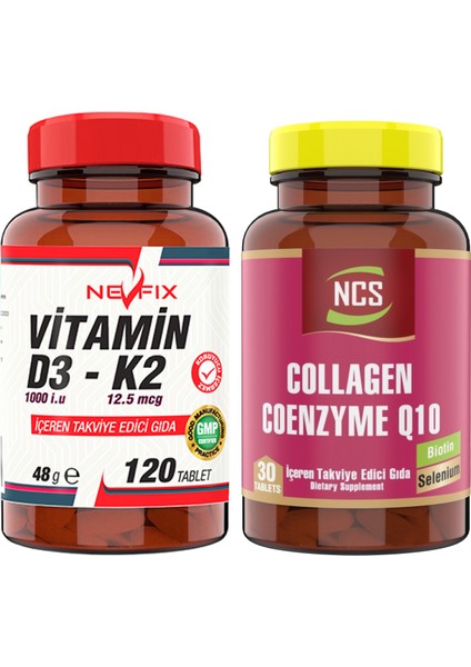 Collagen Coenzyme Q10 Biotin Zinc Selenium 30 Tablet & Nevfix Vitamin D3-K2 120 Tablet