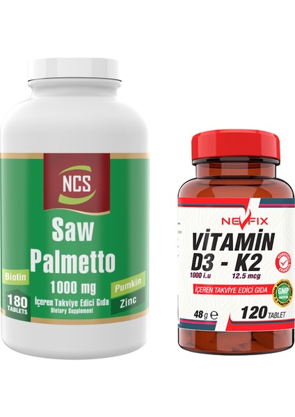 Saw Palmetto 1000 Mg 180 Tablet Çinko Complex & Nevfix Vitamin D3-K2 120 Tablet