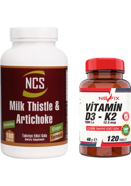 Milk Thistle Artichoke Zerdeçal Karahindiba Zencefil Maydanoz Deve Dikeni Enginar 180 Tablet & Nevfix Vitamin D3-K2 120 Tablet