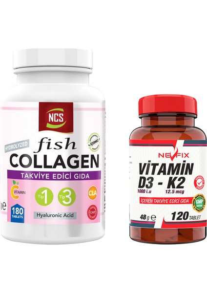 Balık Type 1-3 Çinko Collagen Hyaluronic Acid 180 Tablet & Nevfix Vitamin D3-K2 120 Tablet