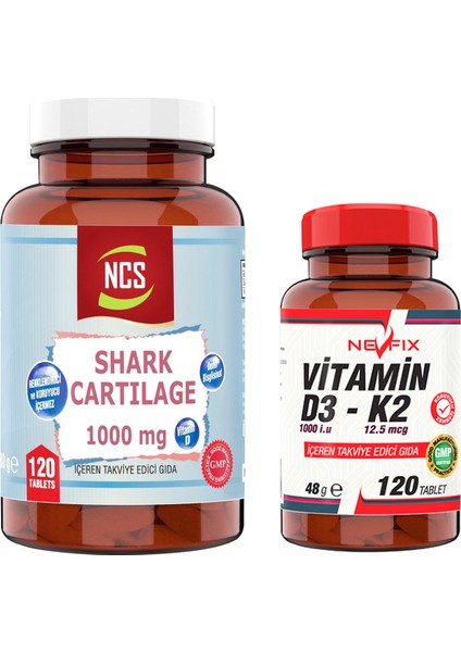 Shark Cartilage Demir Vitamin D3 1000 Mg 120 Tablet & Nevfix Vitamin D3-K2 120 Tablet