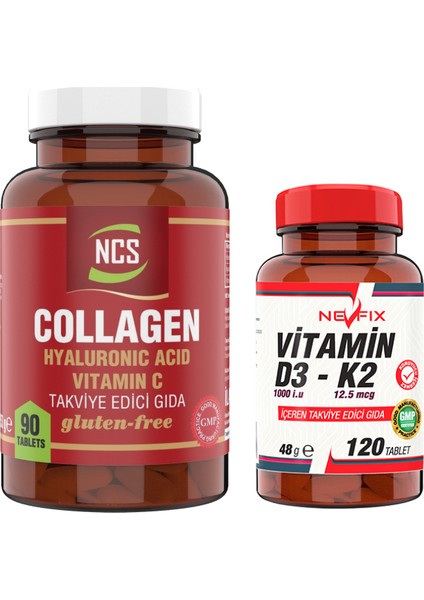 Collagen 1000 Mg Hyaluronic Acid Vitamin C 90 Tablet & Nevfix Vitamin D3-K2 120 Tablet