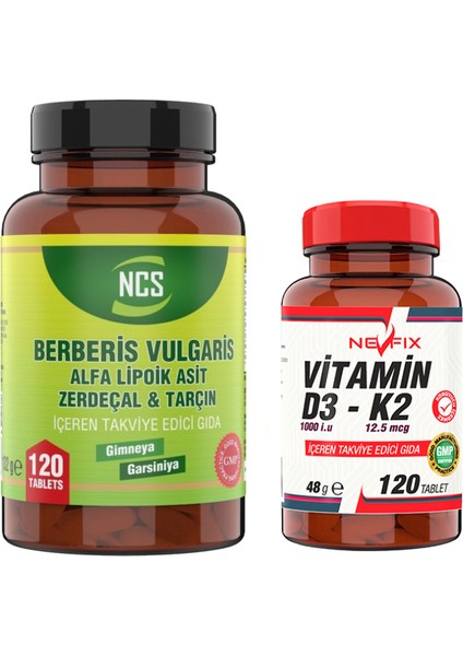 Berberis Vulgaris Alfa Lipoik Asit Tarçın Zerdeçal 120 Tablet & Nevfix Vitamin D3-K2 120 Tablet