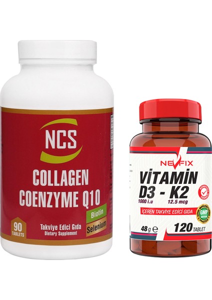 Coenzyme Q10 200 Mg Selenium Çinko Biotin Ncs Hidrolize Collagen 2000 Mg & Nevfix Vitamin D3-K2 120 Tablet