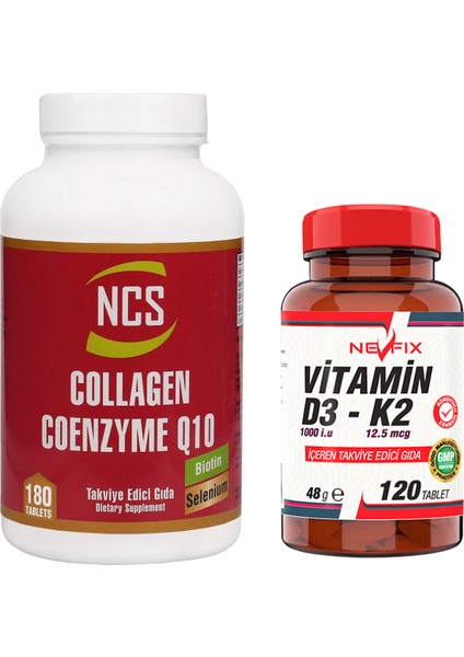 Selenium Çinko Biotin Coenzyme Q10 200 Mg Collagen 180 Tablet & Nevfix Vitamin D3-K2 120 Tablet