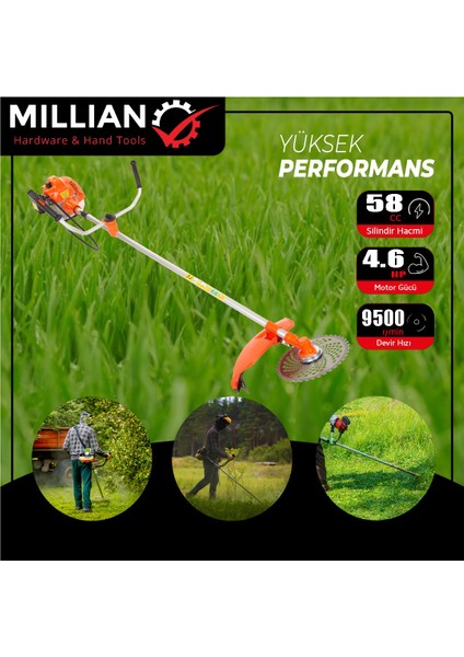 Mıllıan Plus 6.3 Hp X-Force 9500 Rpm Seri Kullanım Yan Tipi Tırpan Ot Çim Çayır Biçme Kesme