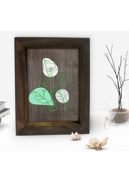 Gift Minimal Çiçekler Tasarımlı Dekoratif Doğal Masif Ahşap Çerçeve 15 x 20 Cm-1