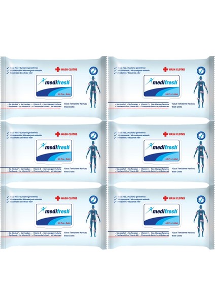 Yetişkin Hasta Vücut Temizleme Mendil-Havlusu 60 Yaprak (6 Lı Set) Plastik Kapaklı