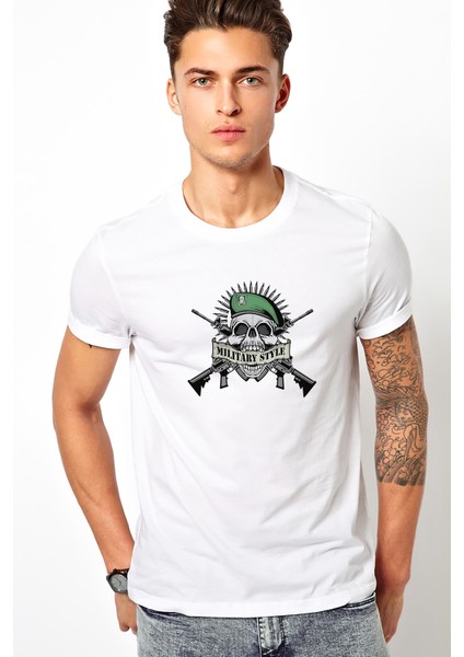 Askeri Mılıtary Style Baskılı Beyaz Erkek Örme Tshirt