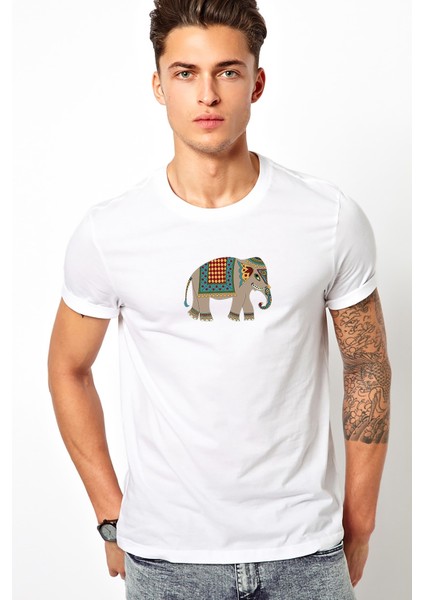 Gri ve Renkli Fil Sanat Hintli Baskılı Beyaz Erkek Örme Tshirt
