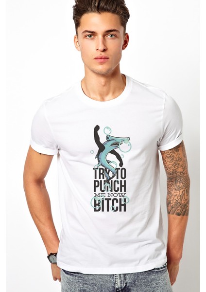 Try To Punch Baskılı Beyaz Erkek Örme Tshirt