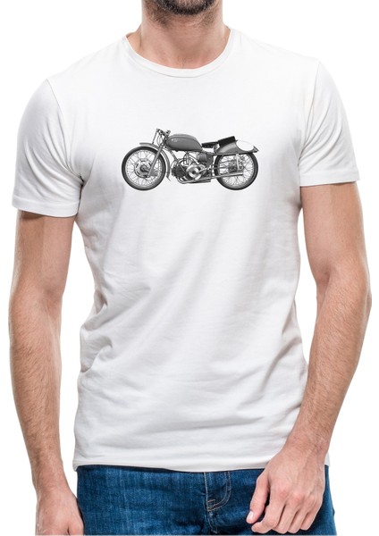 Nostalji Motor Baskılı Beyaz Erkek Örme Tshirt