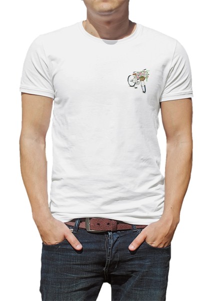 Sepetli Bisiklet Göğüs Baskılı Beyaz Erkek Örme Tshirt