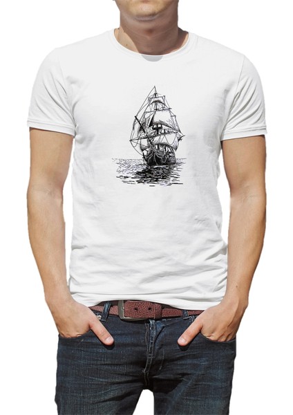 Amiral Gemisi Çizim Yelkenli Gemi Kalem Baskılı Beyaz Erkek Örme Tshirt