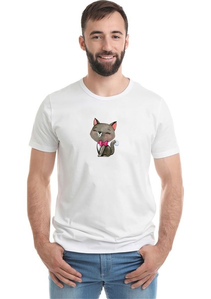 Gri Kedi Illüstrasyon Siyam Kedisi Kitten Baskılı Beyaz Erkek Örme Tshirt