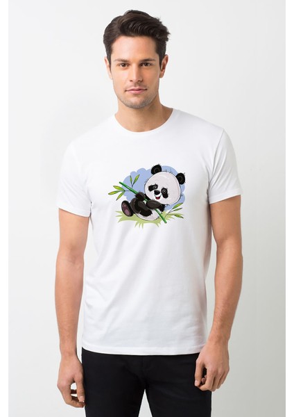 Panda Baskılı Beyaz Erkek Örme Tshirt