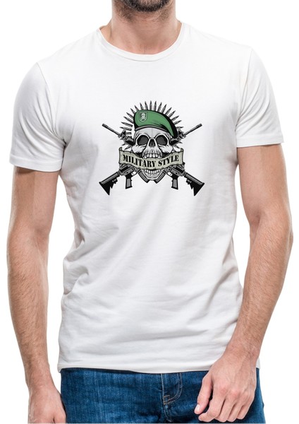 Askeri Style Baskılı Beyaz Erkek Örme Tshirt