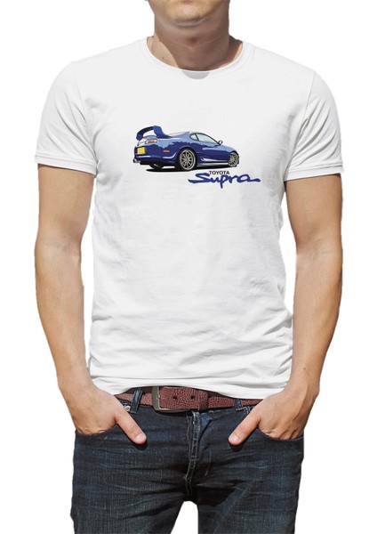 Toyota Blue Supra Baskılı Beyaz Erkek Örme Tshirt