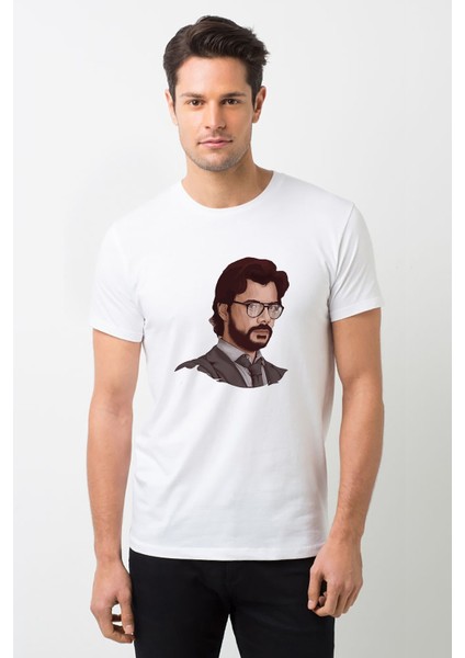La Case De Papel Profesör Baskılı Beyaz Erkek Örme Tshirt