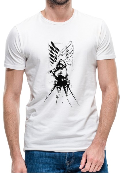 Anime Attack On Titan Baskılı Beyaz Erkek Örme Tshirt