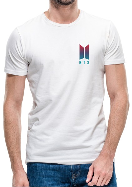 Bts Göğüs Logo Baskılı Beyaz Erkek Örme Tshirt