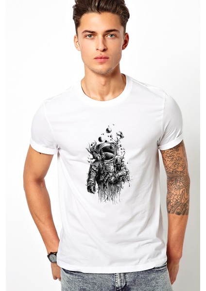 Astronot Uzay Akvaryum Baskılı Beyaz Erkek Örme Tshirt