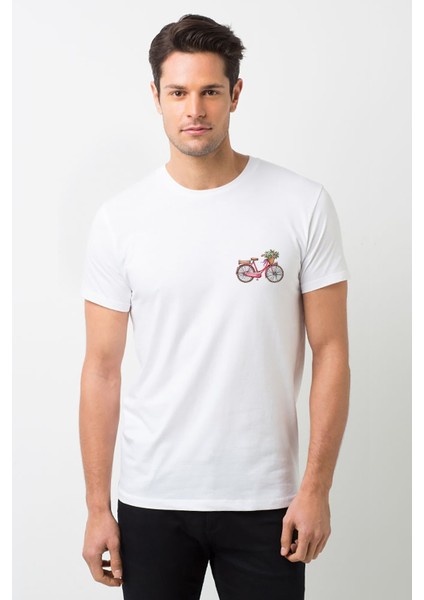 Bisiklet Gül Sepetli Pembe Bisiklet Göğüs Baskılı Beyaz Erkek Örme Tshirt