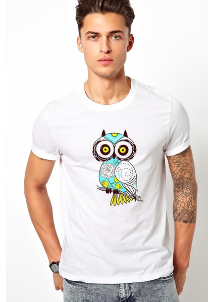 Owl Cushion Baykuş Baskılı Beyaz Erkek Örme Tshirt