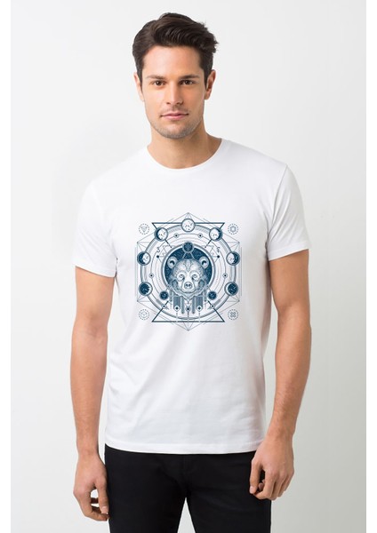 Astronomi Moon Baskılı Beyaz Erkek Örme Tshirt
