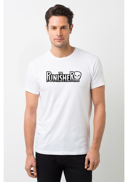 The Punisher Logo Baskılı Beyaz Erkek Örme Tshirt