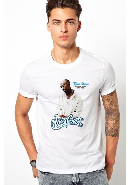 Rap Hiphop 2pac Rip West Coast Baskılı Beyaz Erkek Örme Tshirt